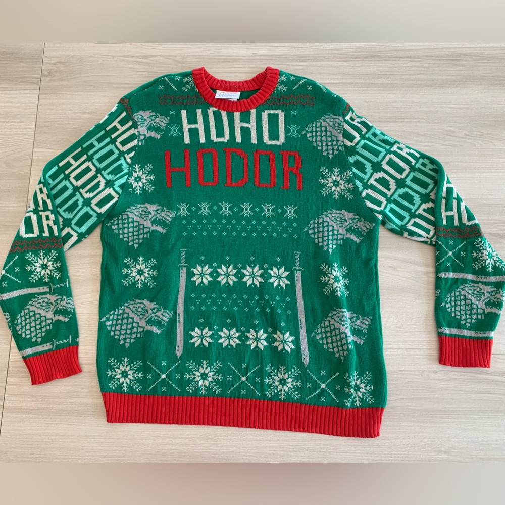 Game of Thrones HBO Ho Ho Hodor Ugly Christmas Knit Sweater Crew neck Size Large
